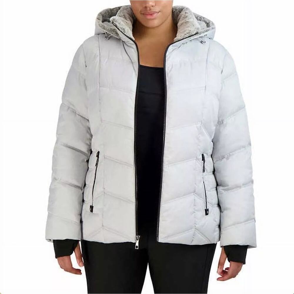 Nautica Puffer Jacket Coat Women Medium Silver Faux Fur Trim Full Zip Hooded